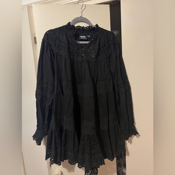 Anthropologie Maeve Long-Sleeve Lace Mini Dress Black Eyelet Babydoll sz Medium - Picture 5 of 7
